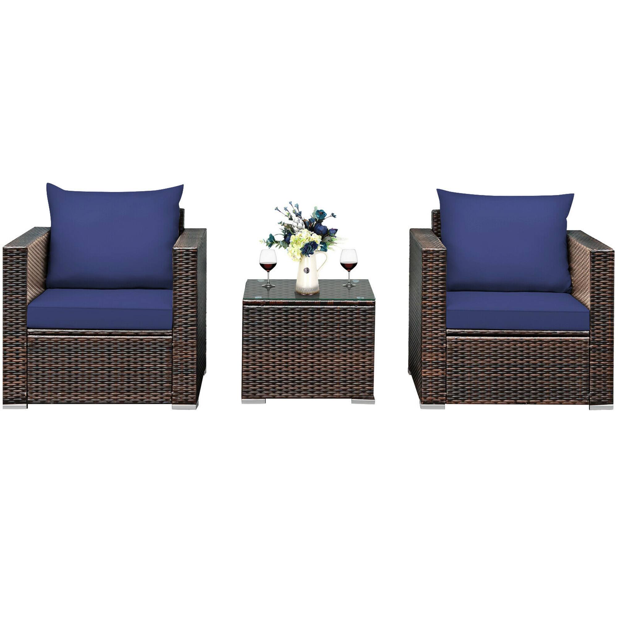 Alt View 9. Gymax - Gymax 3PCS Rattan Patio Outdoor Conversation Furniture Set w/ Navy Cushions - Navy.