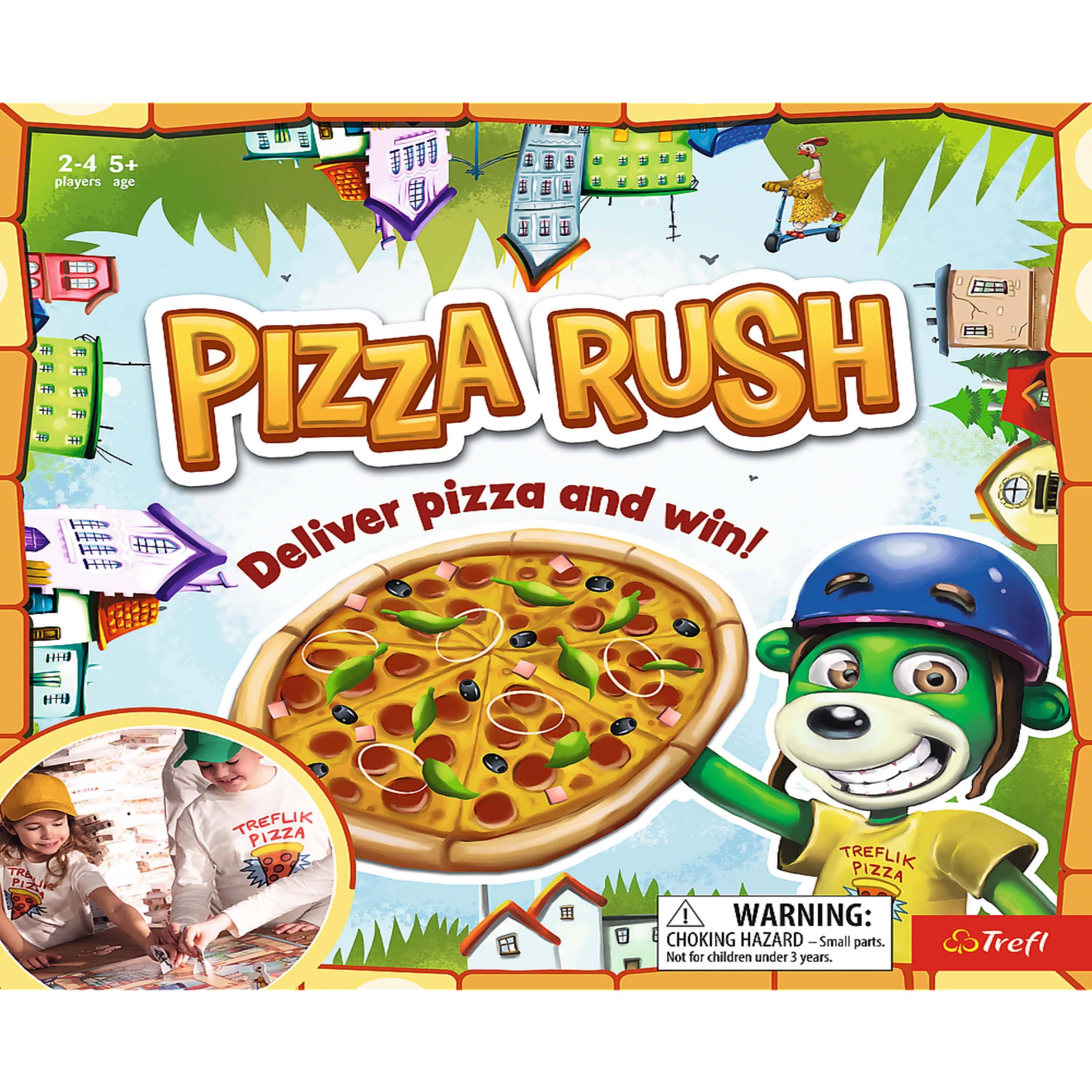 2-4 players  
5+ age  

Pizza Rush  
Deliver pizza and win!  

Treflik Pizza  
Treflik Pizza  

WARNING: CHOKING HAZARD - Small parts. Not for children under 3 years.  

Trefl
