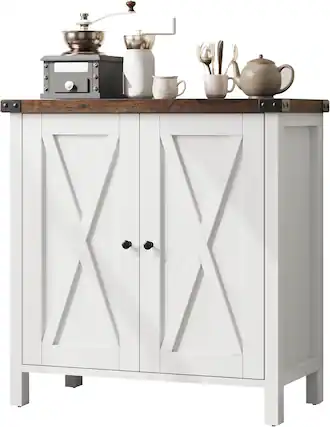 Front. Homhougo - Coffee Bar Cabinet with Storage, 30" Farmhouse Kitchen Storage Cabinet with Adjustable Shelf, Console Table for Dining - Brown With White.