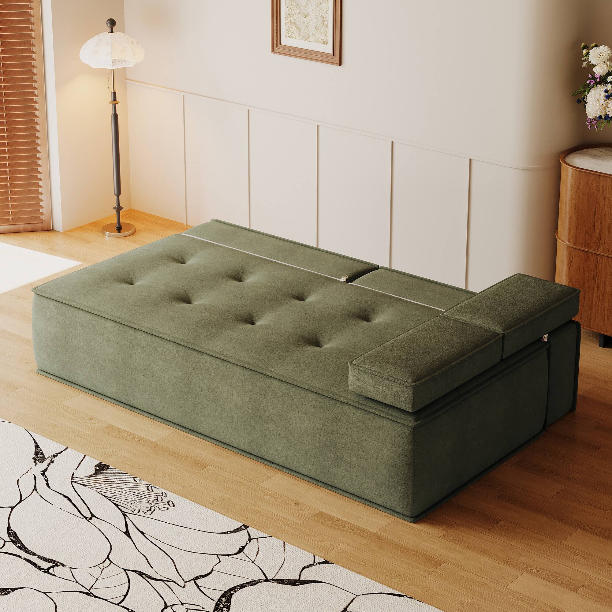 Angle. luck idea - 79" Multi-Functional Fabric Sleeper Sofa, Convertible Couch Bed with Supportive Foam Cushion for Apartment & Studio - Green.