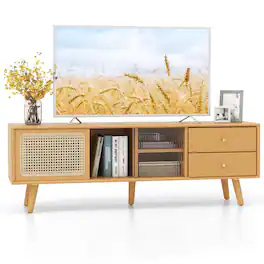 Costway - Bamboo TV Stand Console Table with PE Rattan Door & 2 Drawers for TV up to 65'' Natural - Natural Bamboo