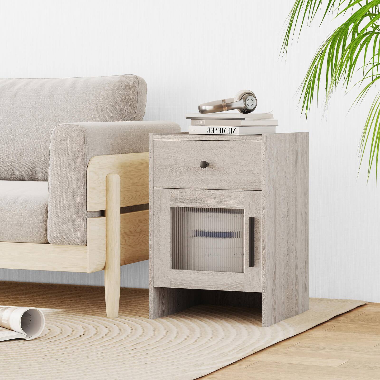 Left. Costway - Costway 2 PCS Farmhouse Nightstand Fluted Bed Side Table with Large Drawer Enclosed Cabinet - Natural.