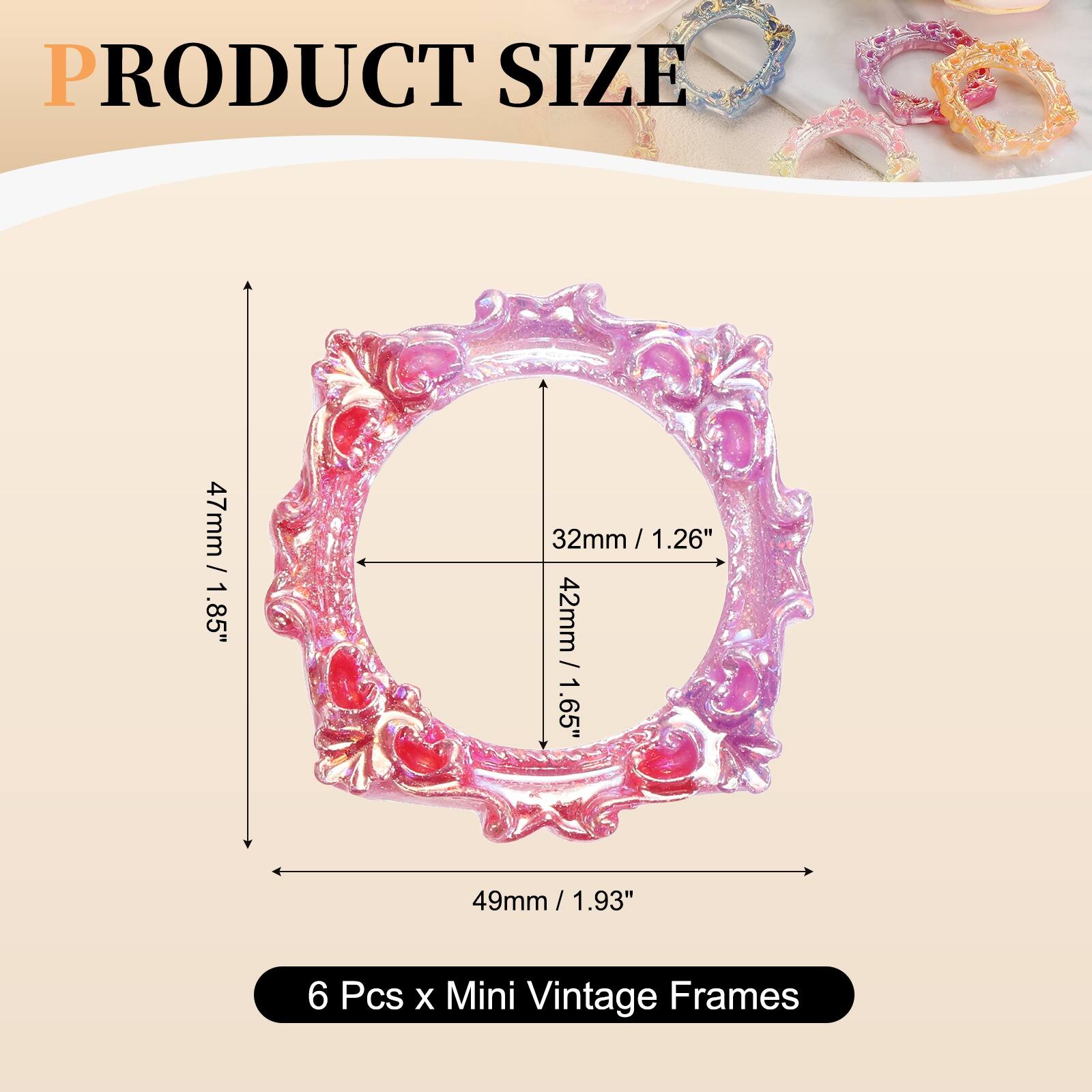 PRODUCT SIZE

47mm / 1.85"  
32mm / 1.26"  
42mm / 1.65"  
49mm / 1.93"  

6 Pcs x Mini Vintage Frames