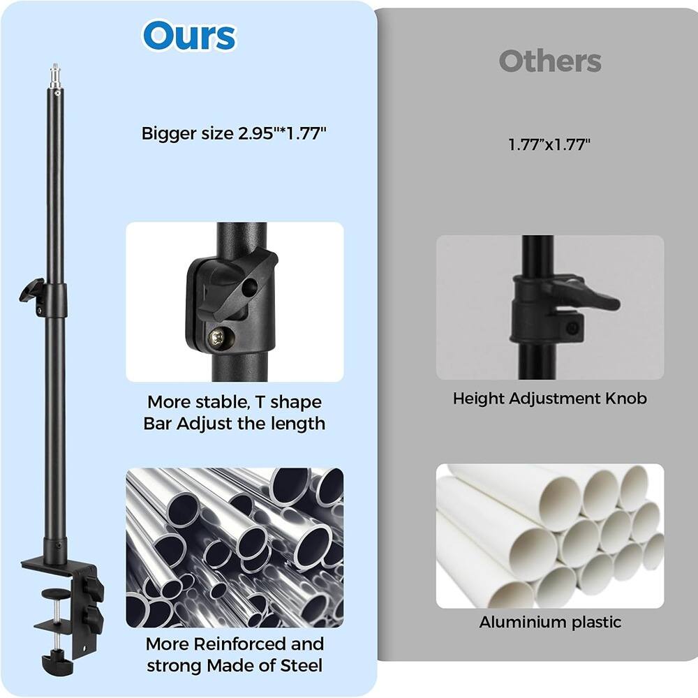 **Ours**

- Bigger size 2.95"*1.77"
- More stable, T shape Bar Adjust the length
- More Reinforced and strong Made of Steel

**Others**

- 1.77"x1.77"
- Height Adjustment Knob
- Aluminium plastic