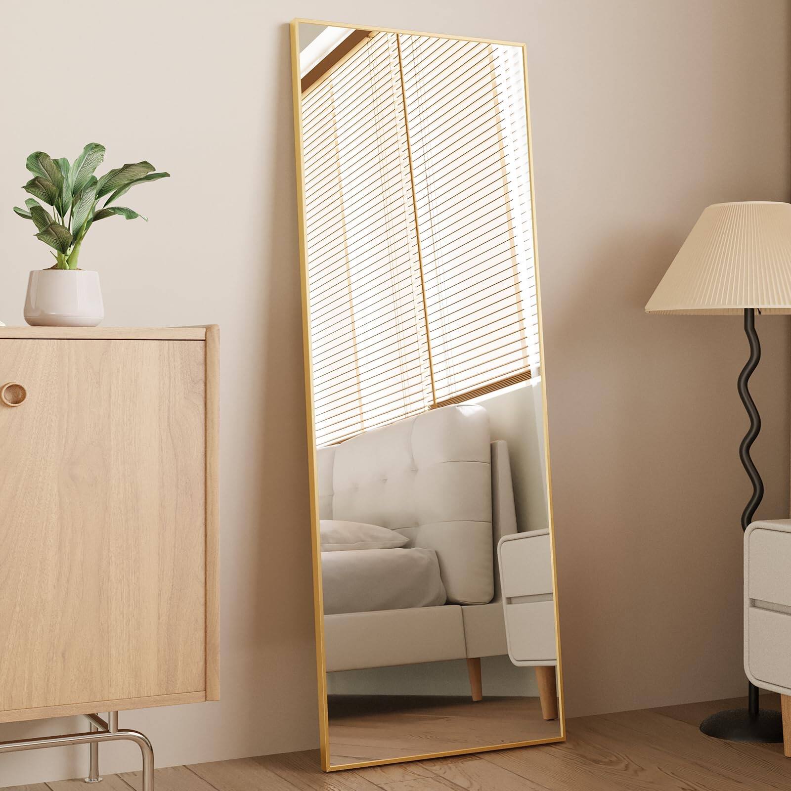 Left. Cedar Assembly - 65"x22" Full Length Mirror With Stand Aluminum Rectangle Body Tempered Hanging Leaning Standing Wall Moun... - Gold-71"L x 32"W.