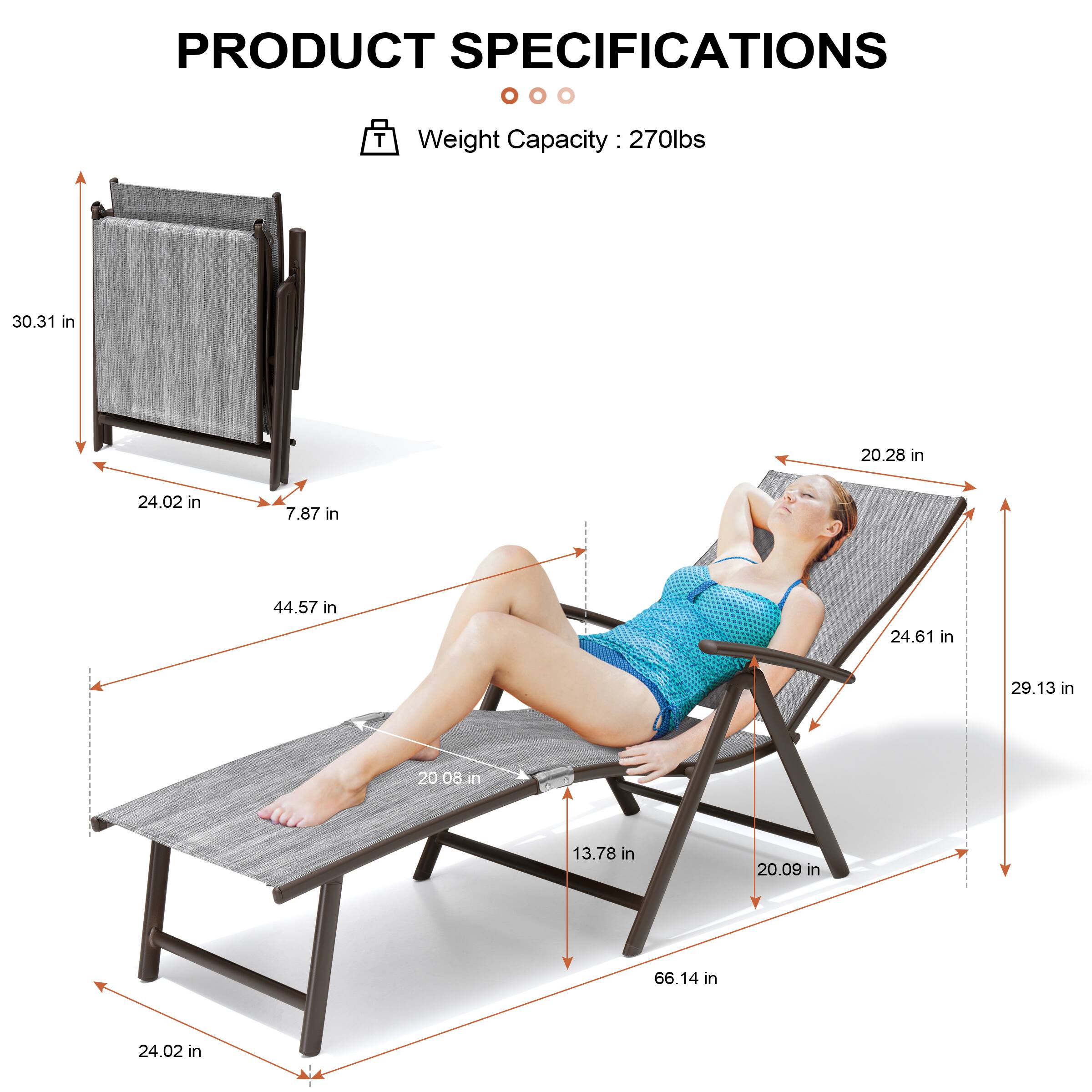 PRODUCT SPECIFICATIONS

Weight Capacity: 270lbs

- 30.31 in
- 24.02 in
- 7.87 in
- 44.57 in
- 20.08 in
- 13.78 in
- 20.09 in
- 66.14 in
- 24.02 in
- 20.28 in
- 24.61 in
- 29.13 in