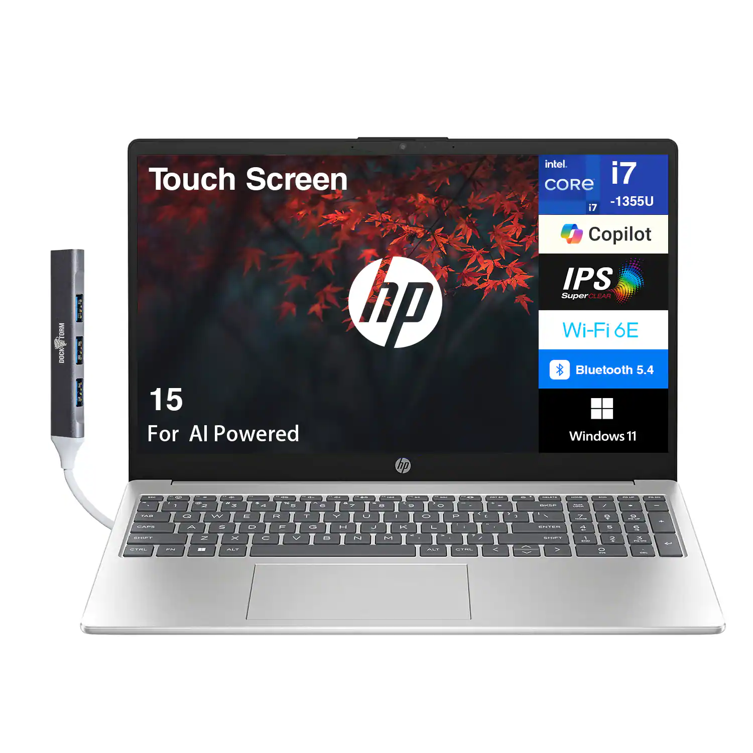 HP - 15 Laptop 15.6 FHD (Intel i7-1355U, 32GB DDR4, 1TB PCIe SSD, Intel Iris Xe, Win 11 Pro) w/USB Hub - Natural Silver