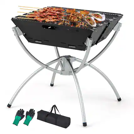 Angle. Costway - 3-in-1 Portable Charcoal Grill Folding Camping Fire Pit with Carrying Bag & Gloves Black - Black.