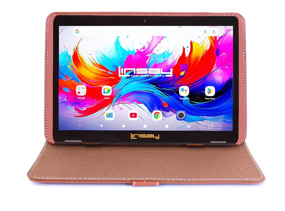 LINSAY - 10.1" Octa Core 256GB Storage Android 15 Tablet with Leather Case - Brown