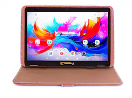 LINSAY - 10.1" Octa Core 256GB Storage Android 15 Tablet with Leather Case - Brown