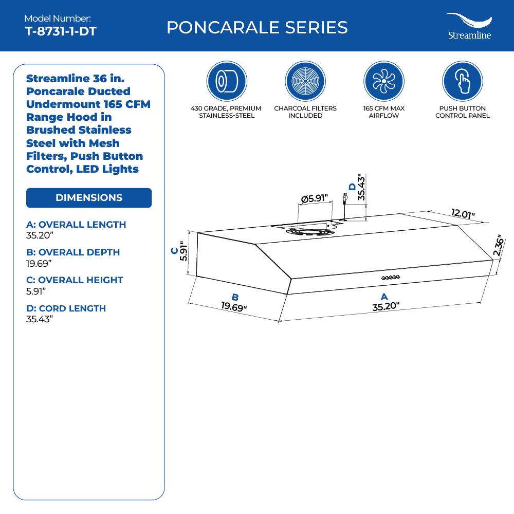 Model Number: T-8731-1-DT
PONCARALE SERIES
Streamline
Streamline 36 in. Poncarale Ducted Undermount 165 CFM Range Hood in Brushed Stainless Steel with Mesh Filters, Push Button Control, LED Lights
DIMENSIONS
A: OVERALL LENGTH 35.20"
B: OVERALL DEPTH 19.69"
C: OVERALL HEIGHT 5.91"
D: CORD LENGTH 35.43"
430 GRADE, PREMIUM CHARCOAL FILTERS STAINLESS-STEEL INCLUDED
165 CFM MAX AIRFLOW
PUSH BUTTON CONTROL PANEL
12.01"
2.36"