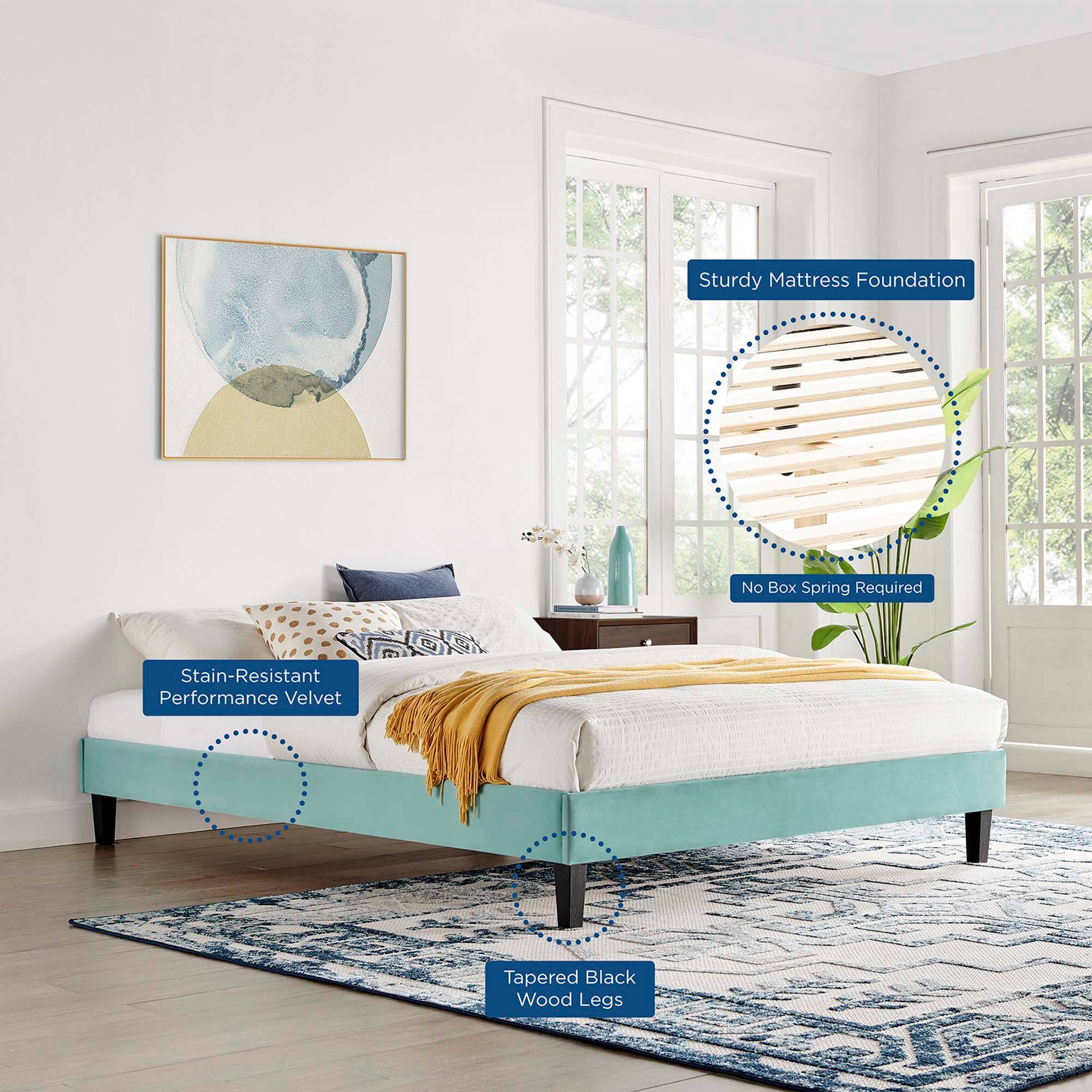 - Sturdy Mattress Foundation
- No Box Spring Required
- Stain-Resistant Performance Velvet
- Tapered Black Wood Legs