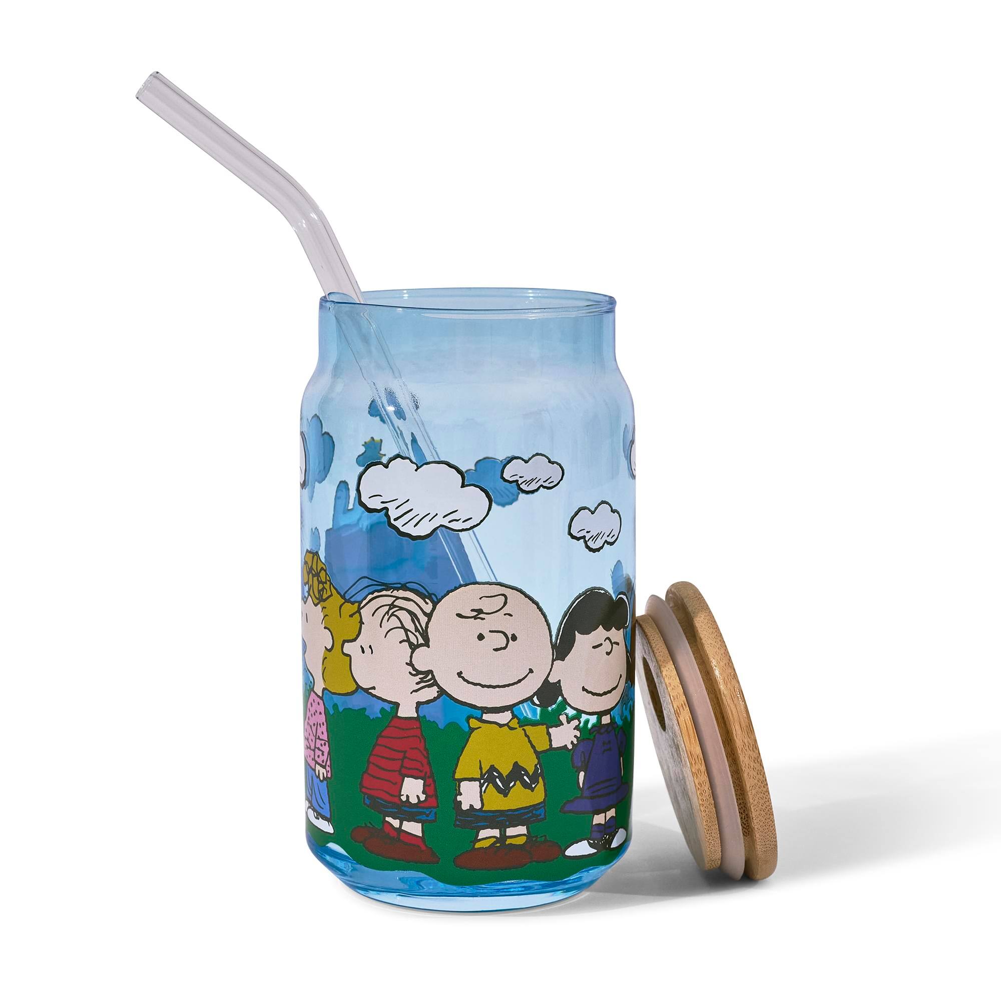Alt View 2. Silver Buffalo - Peanuts Gang Snoopy and Friends 16-Ounce Glass Tumbler With Bamboo Lid and Glass Straw - Blue.