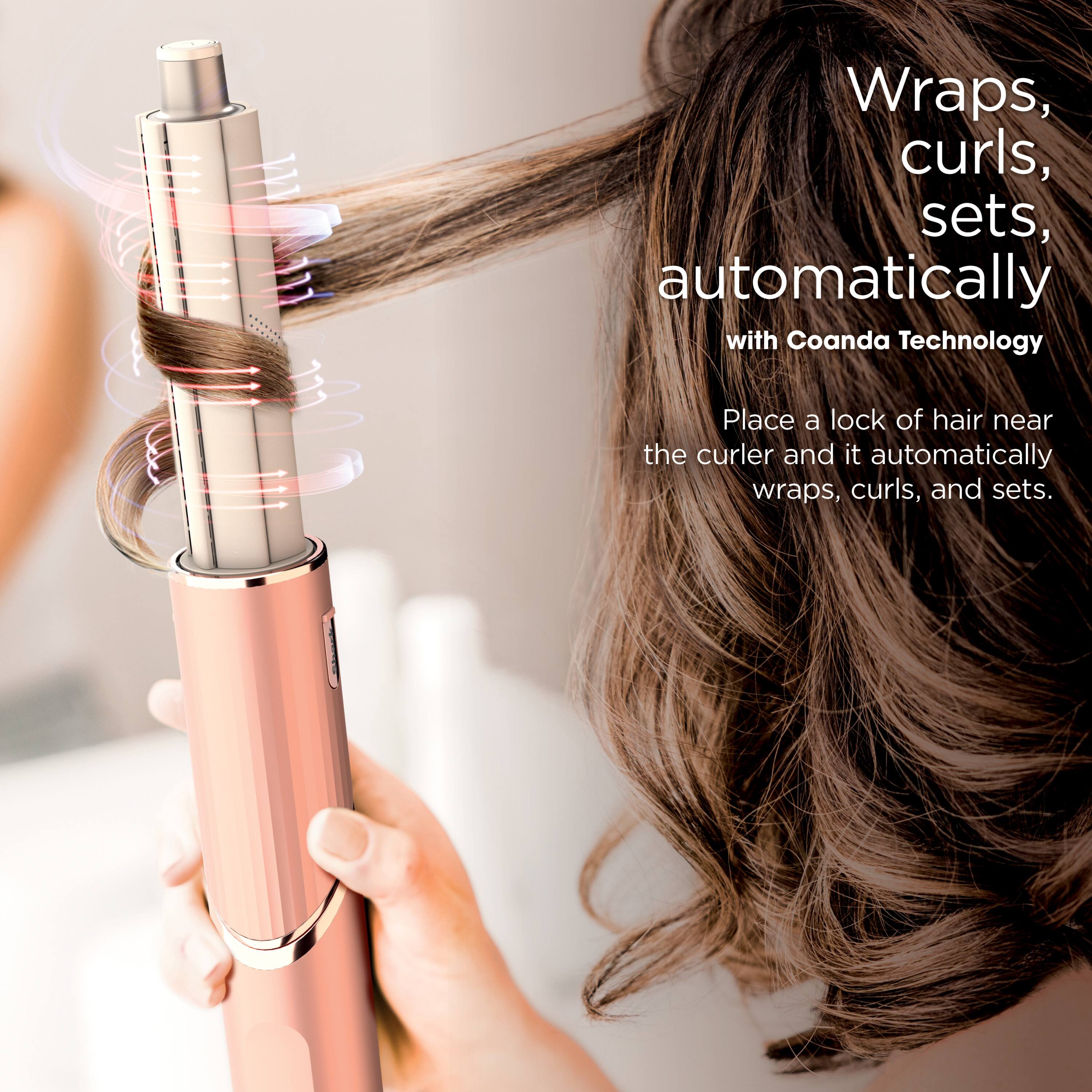 Wraps, curls, sets, automatically with Coanda Technology. Place a lock of hair near the curler and it automatically wraps, curls, and sets.