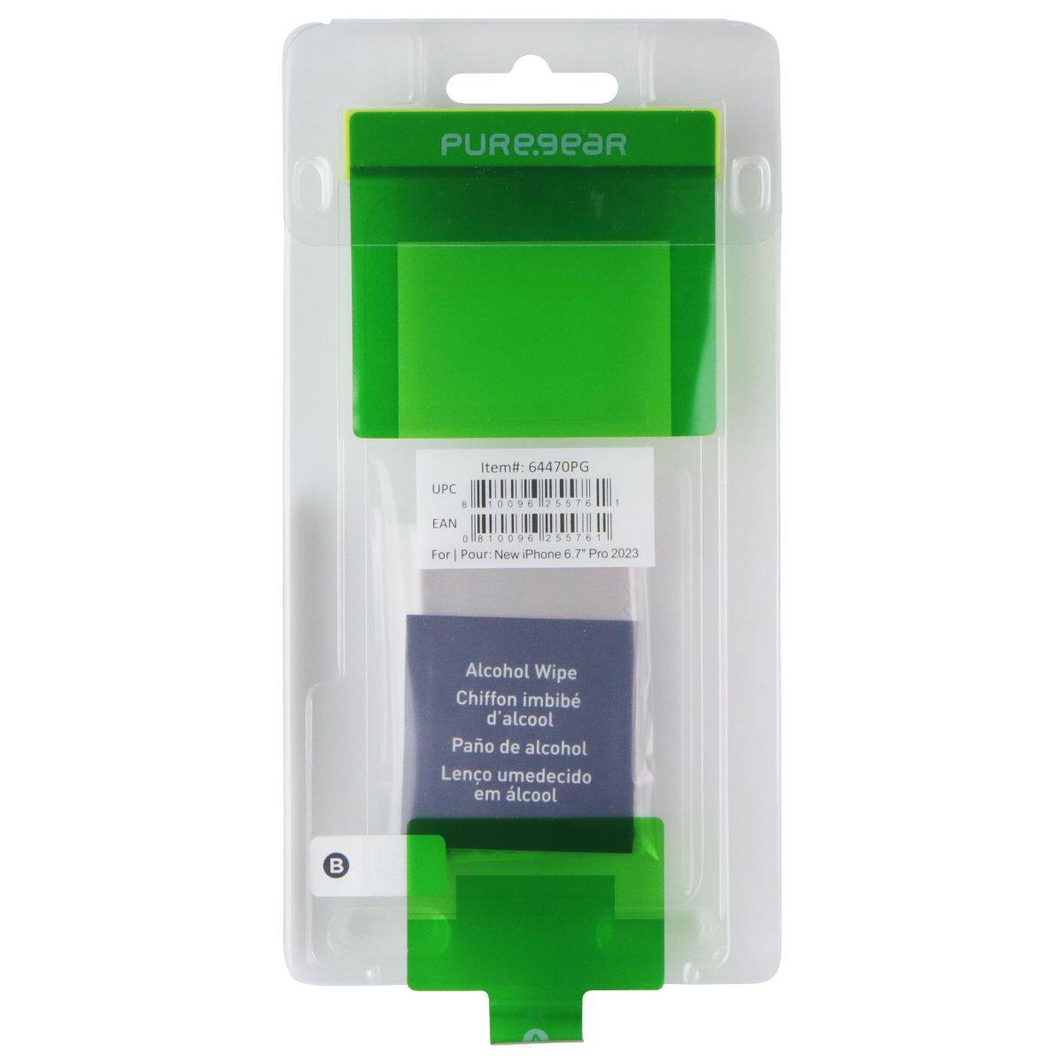 PURE9EaR  
UPC - Item#: 64470PG  
0096 25576  
EAN D 810096 25576  

For Pour: New Phone 67 Pro 2023  
Alcohol Wipe  
Chiffon imbib d'alcool  
Pano de alcohol  
Lenço umedecido em álcool