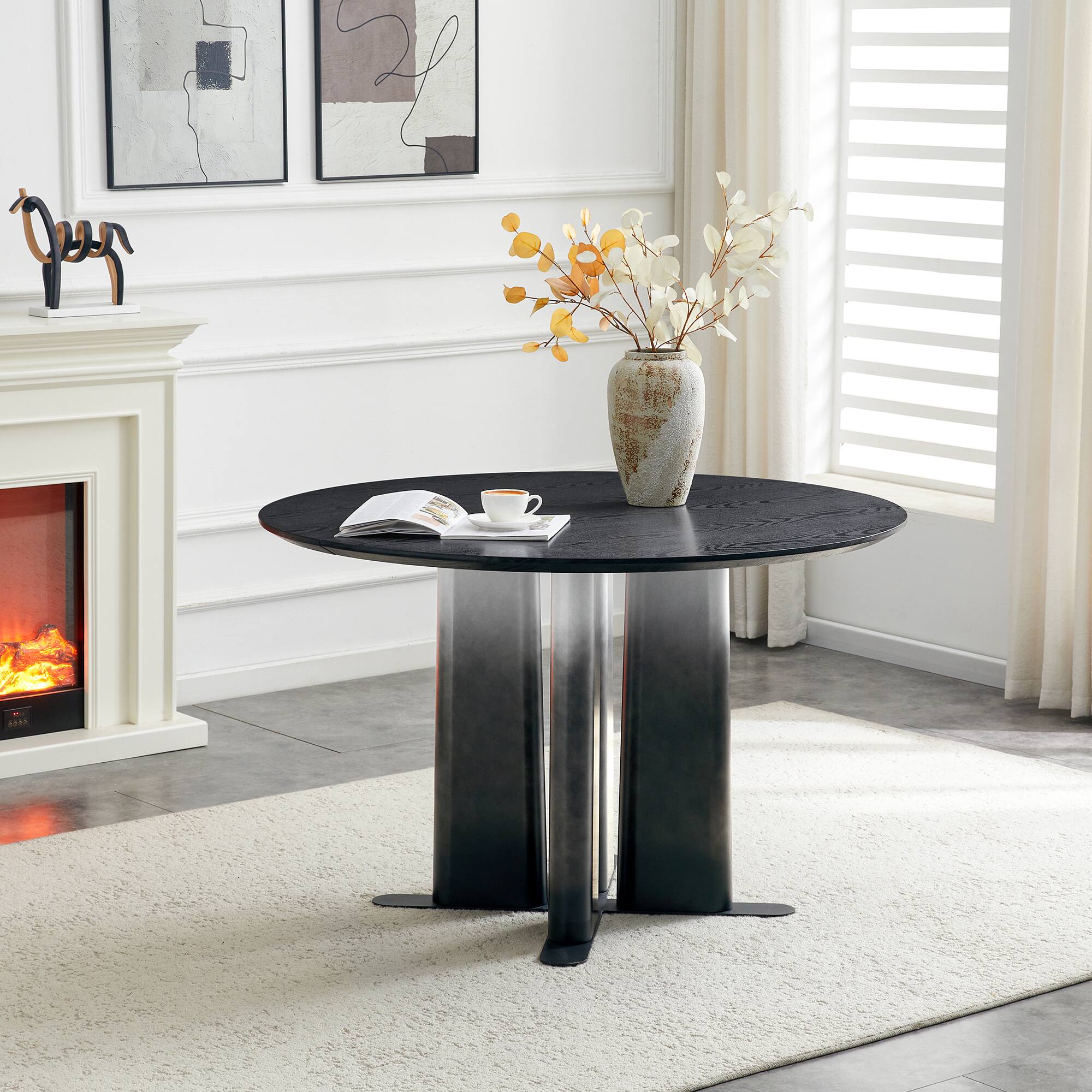 Alt View 4. Loheer - Loheer- 3.94 Ft Round Black Wood Grain MDF Dining Table with Cross Base Modern Kitchen Table for Small Spaces - Black.