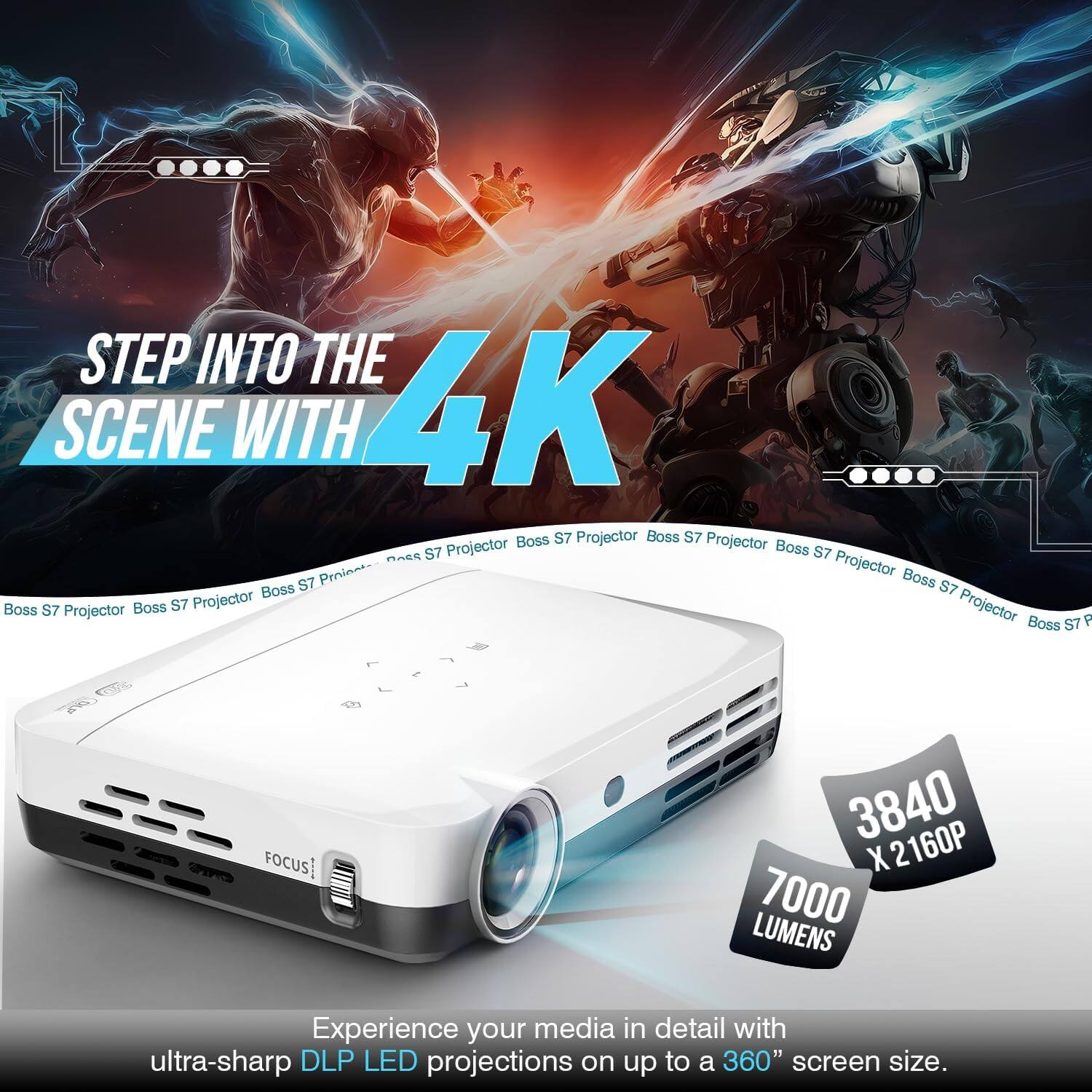 Sure, here is the corrected and grouped text:

---

**STEP INTO THE 4K SCENE WITH**

**Boss S7 Projector**

**Experience your media in detail with ultra-sharp DLP LED projections on up to a 360" screen size.**

- **3840 x 2160P**
- **7000 LUMENS**

---

This text is taken from the image and grouped for clarity.