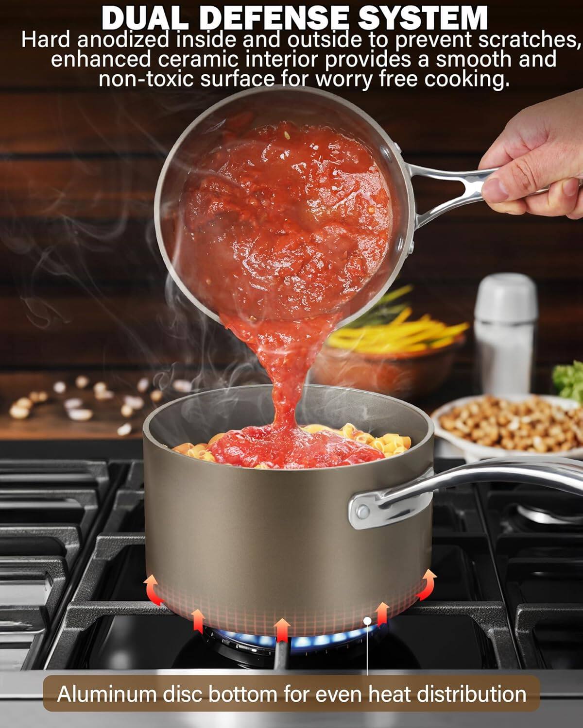 DUAL DEFENSE SYSTEM  
Hard anodized inside and outside to prevent scratches, enhanced ceramic interior provides a smooth and non-toxic surface for worry-free cooking.  
Aluminum disc bottom for even heat distribution