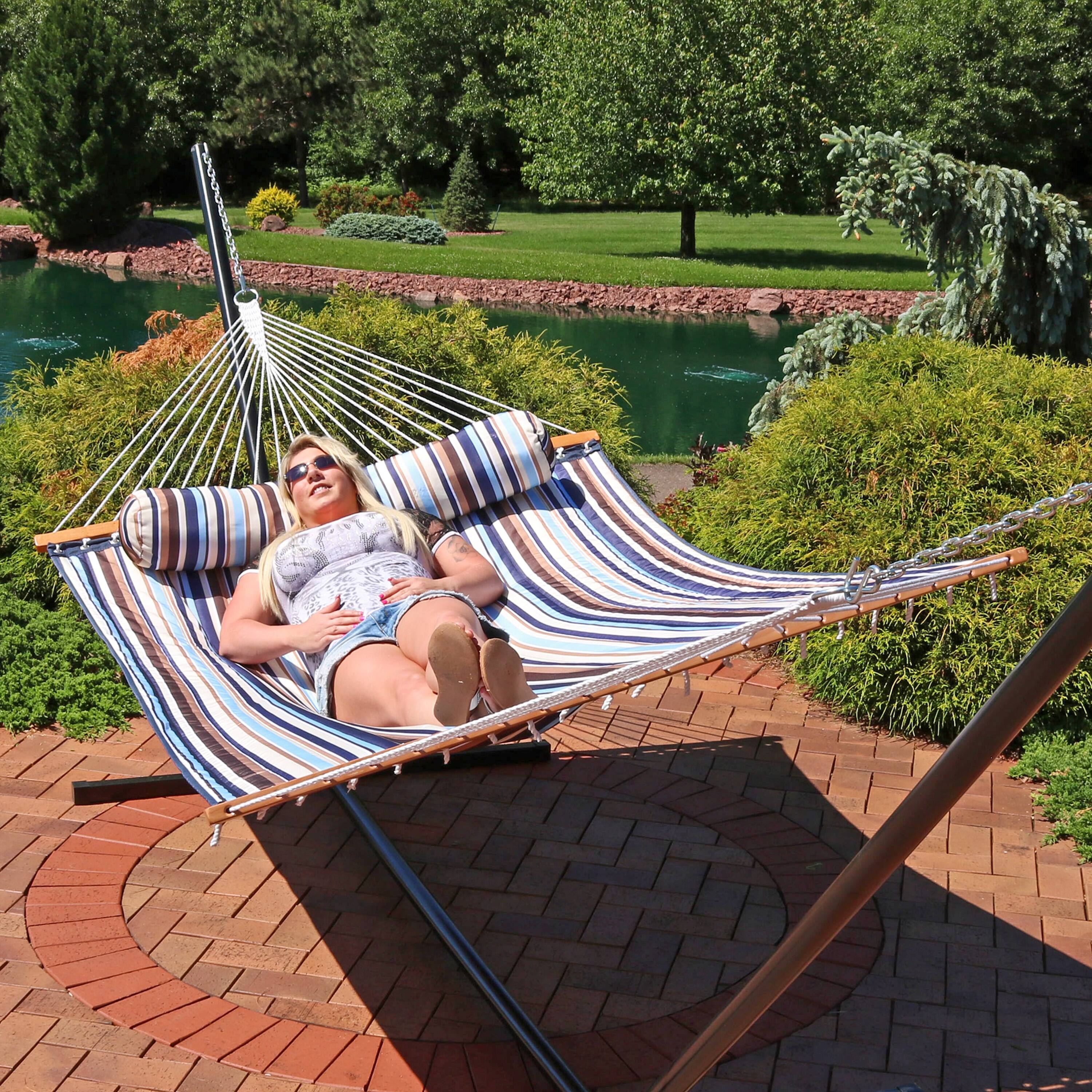 Alt View 7. Sunnydaze - Large Quilted Hammock with Spreader Bar and Pillow - Ocean Isle.