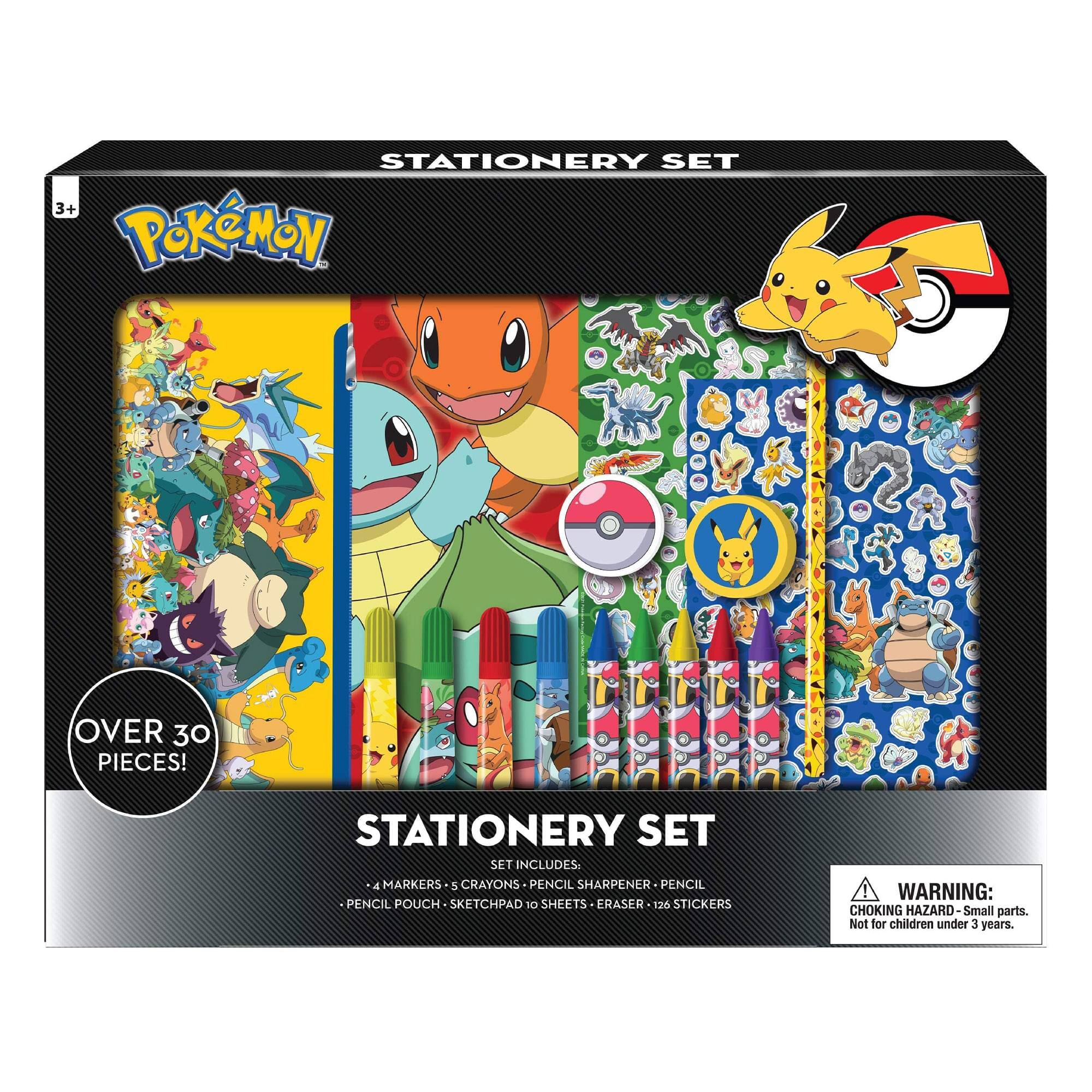 STATIONERY SET  
3+ Pokémon  
OVER 30 PIECES!  

STATIONERY SET  
SET INCLUDES:  
- 4 MARKERS  
- 5 CRAYONS  
- PENCIL SHARPENER  
- PENCIL  
- PENCIL POUCH  
- SKETCHPAD (10 SHEETS)  
- ERASER  
- 126 STICKERS  

WARNING: CHOKING HAZARD - Small parts. Not for children under 3 years.