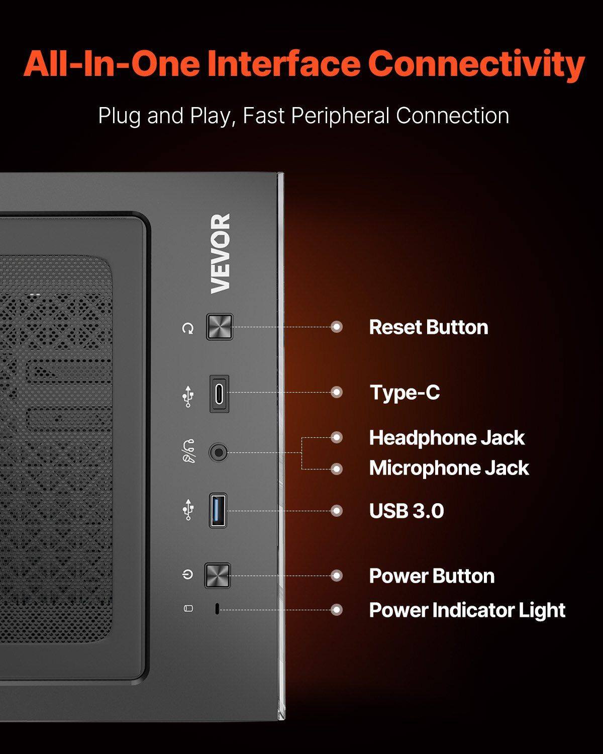 All-In-One Interface Connectivity  
Plug and Play, Fast Peripheral Connection  

- Reset Button  
- Type-C  
- Headphone Jack  
- Microphone Jack  
- USB 3.0  
- Power Button  
- Power Indicator Light