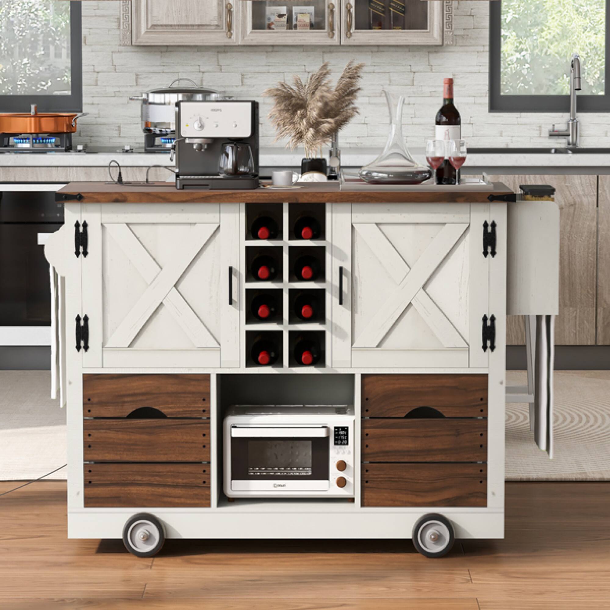 Alt View 4. ELEMENT ACE - Farmhouse Kitchen Island with Drop Leaf, Power Outlet, Storage Cart and Wheels - White.