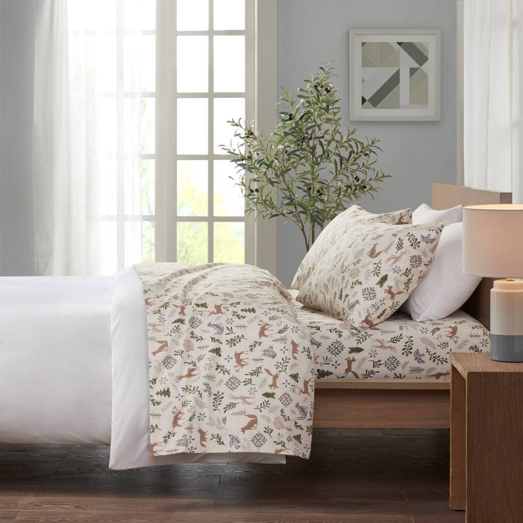 Alt View 1. Gracie Mills - Gracie Mills Persephone 4-Peice Cotton Flannel Sheet Set - Tan Woodland Winter.