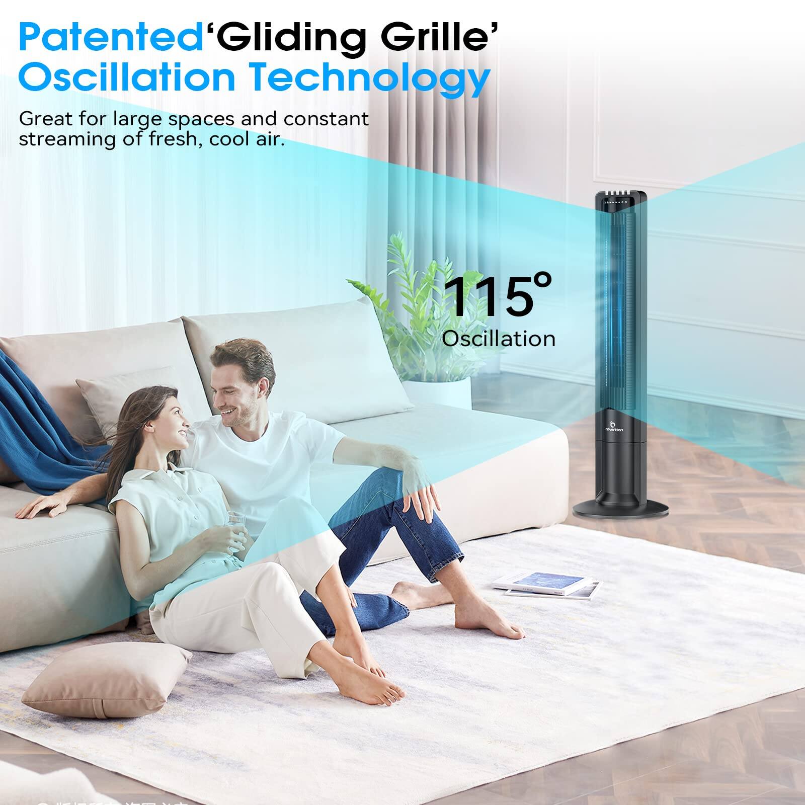 Patented 'Gliding Grille' Oscillation Technology  
Great for large spaces and constant streaming of fresh, cool air.  

115° Oscillation