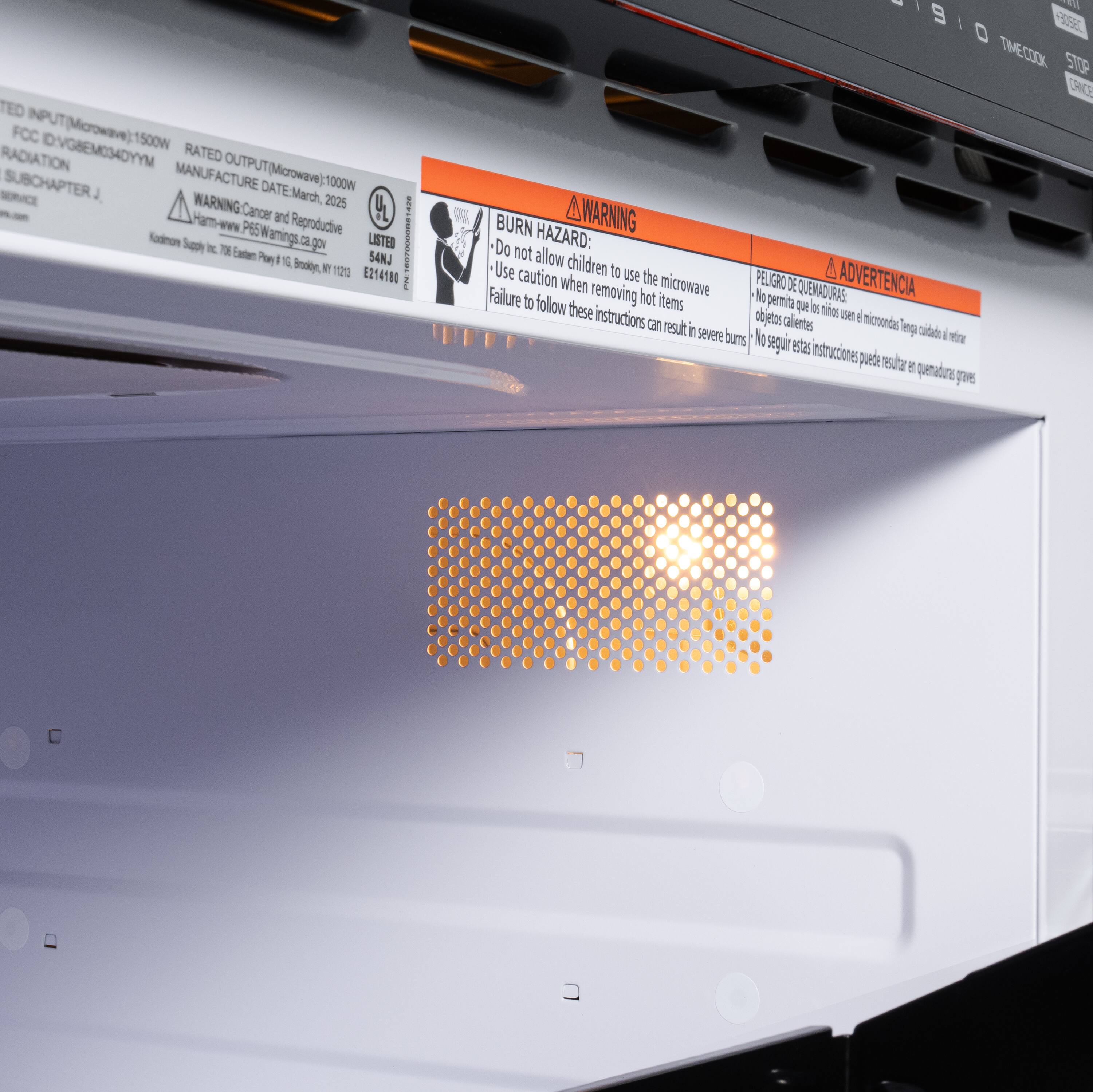 TED FCC INPUT(Microwave): 1500W RADIATION ID: VG8EMO34DYM RATED OUTPUT(Microwave): 1000W MANUFACTURE DATE: March 2025 WARNING: Ham-www.p65warnings.ca.gov HAZARD: Do not allow children to use the microwave when removing hot items. Failure to follow these instructions can result in severe burns. BURN WARNING: Use caution. ADVERTENCIA: No permita a los niños usar el microondas cuando se retiran objetos calientes. No seguir estas instrucciones puede resultar en quemaduras graves.