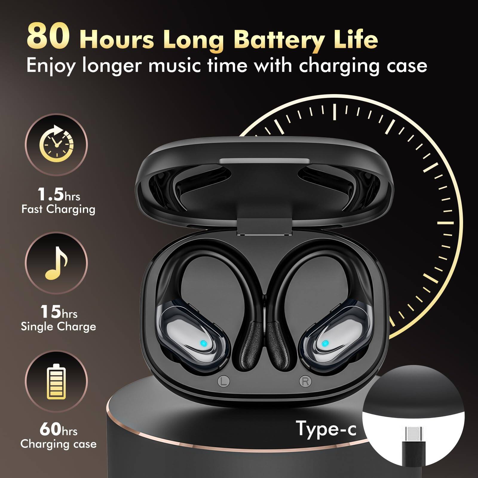 80 Hours Long Battery Life  
Enjoy longer music time with charging case  

1.5hrs  
Fast Charging  

15hrs  
Single Charge  

60hrs  
Charging case  

Type-c