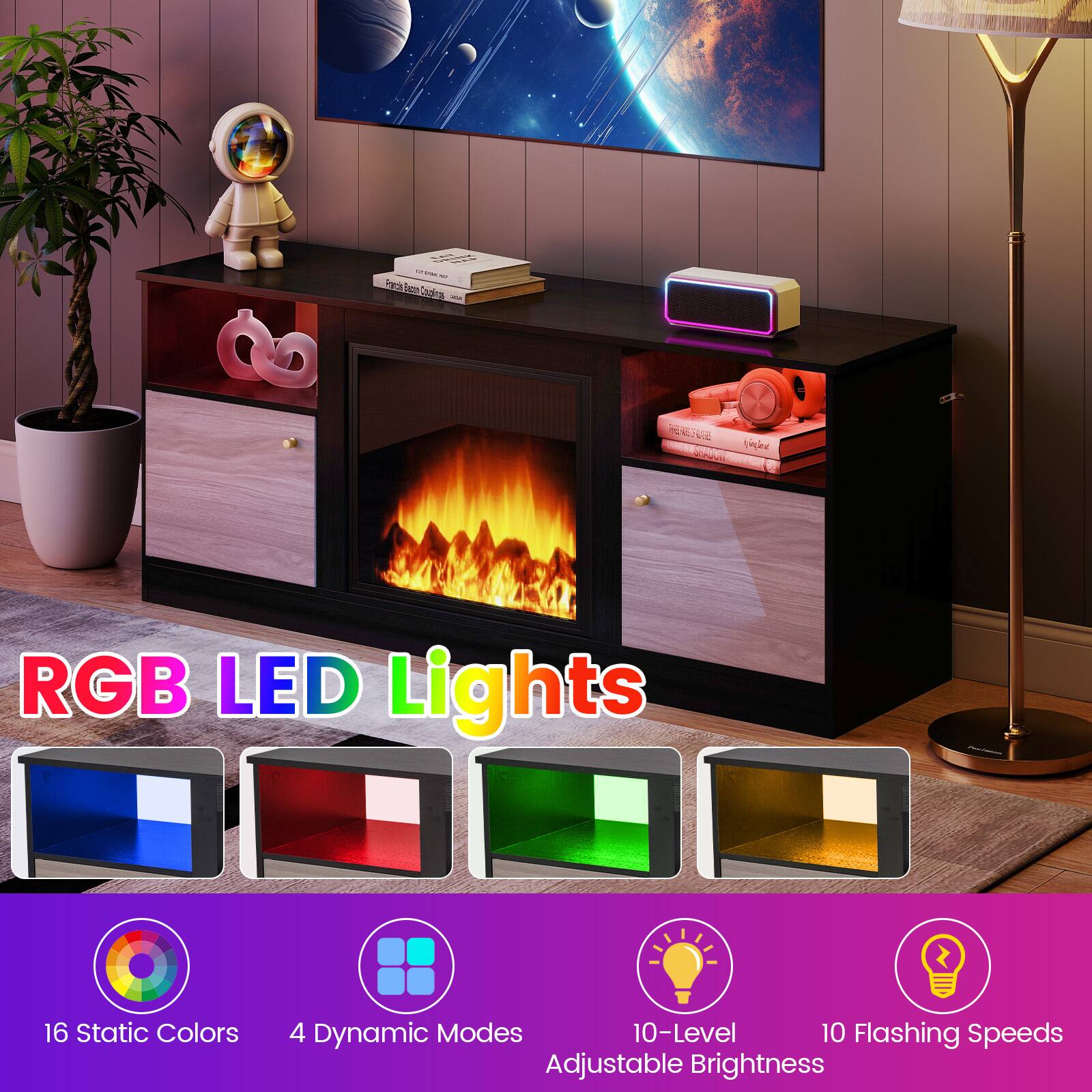 - RGB LED Lights
- 16 Static Colors
- 4 Dynamic Modes
- 10-Level Adjustable Brightness
- 10 Flashing Speeds