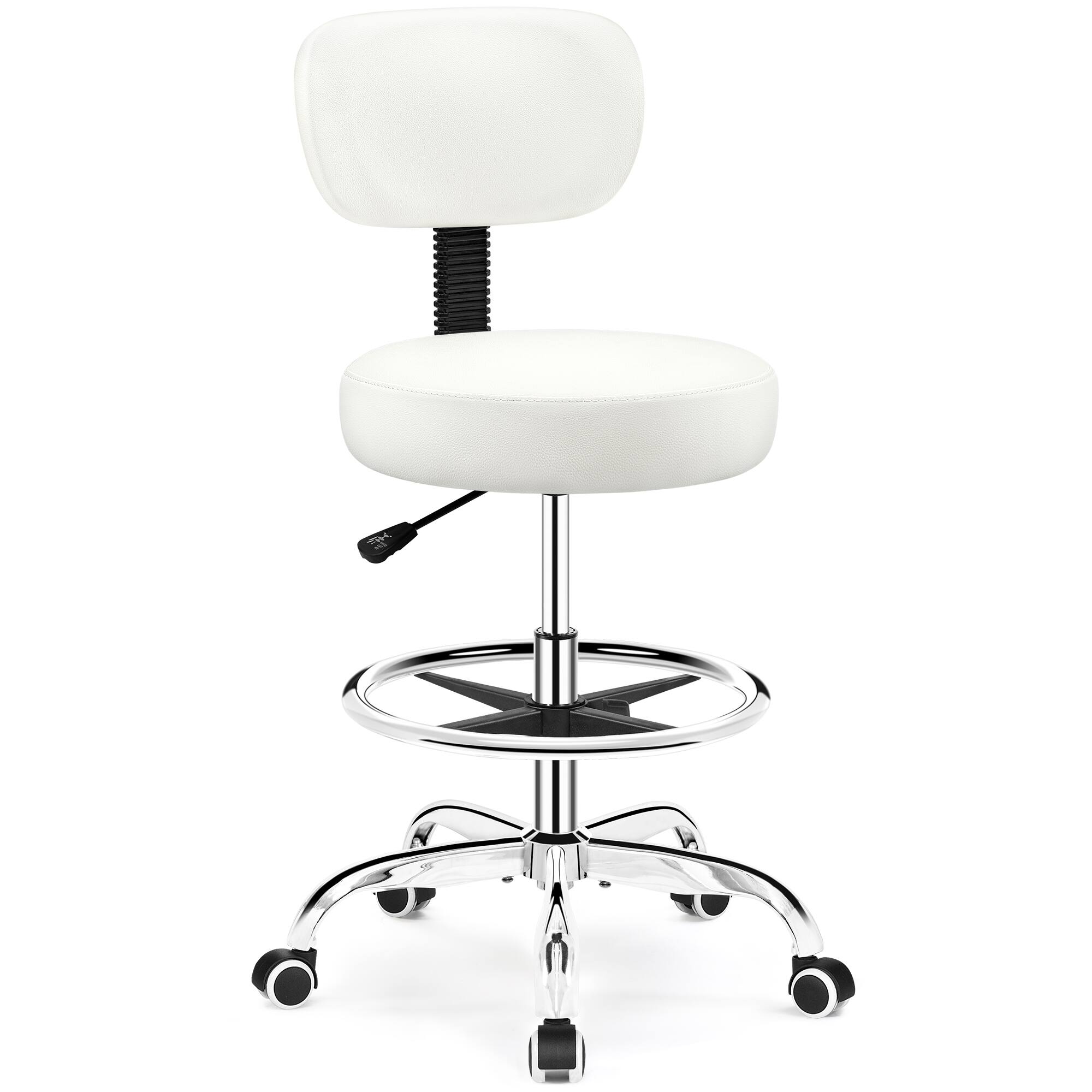 Front. Brick Attic - Drafting Chair with Backrest, PU Leather Adjustable Foot Rest Stool with Wheels for Office Spa Studio Lab Counter Salon - White.
