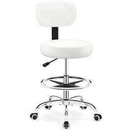 Brick Attic - Drafting Chair with Backrest, PU Leather Adjustable Foot Rest Stool with Wheels for Office Spa Studio Lab Counter Salon - White