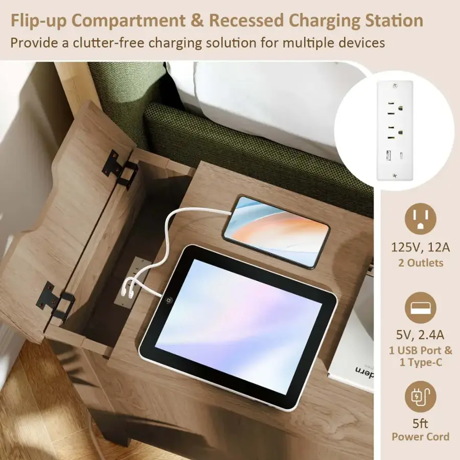 Flip-up Compartment & Recessed Charging Station: Provide a clutter-free charging solution for multiple devices, including 125V, 12A 2 Outlets, 5V, 2.4A 1 USB Port & 1 Type-C Port. The station comes with a 5ft Power Cord.