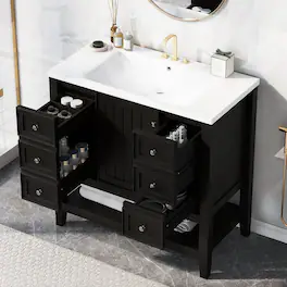 Tiramisubest - 36" Bathroom Vanity with Sink Combo, One Cabinet and Three Drawers, Solid Wood and MDF Board - Black