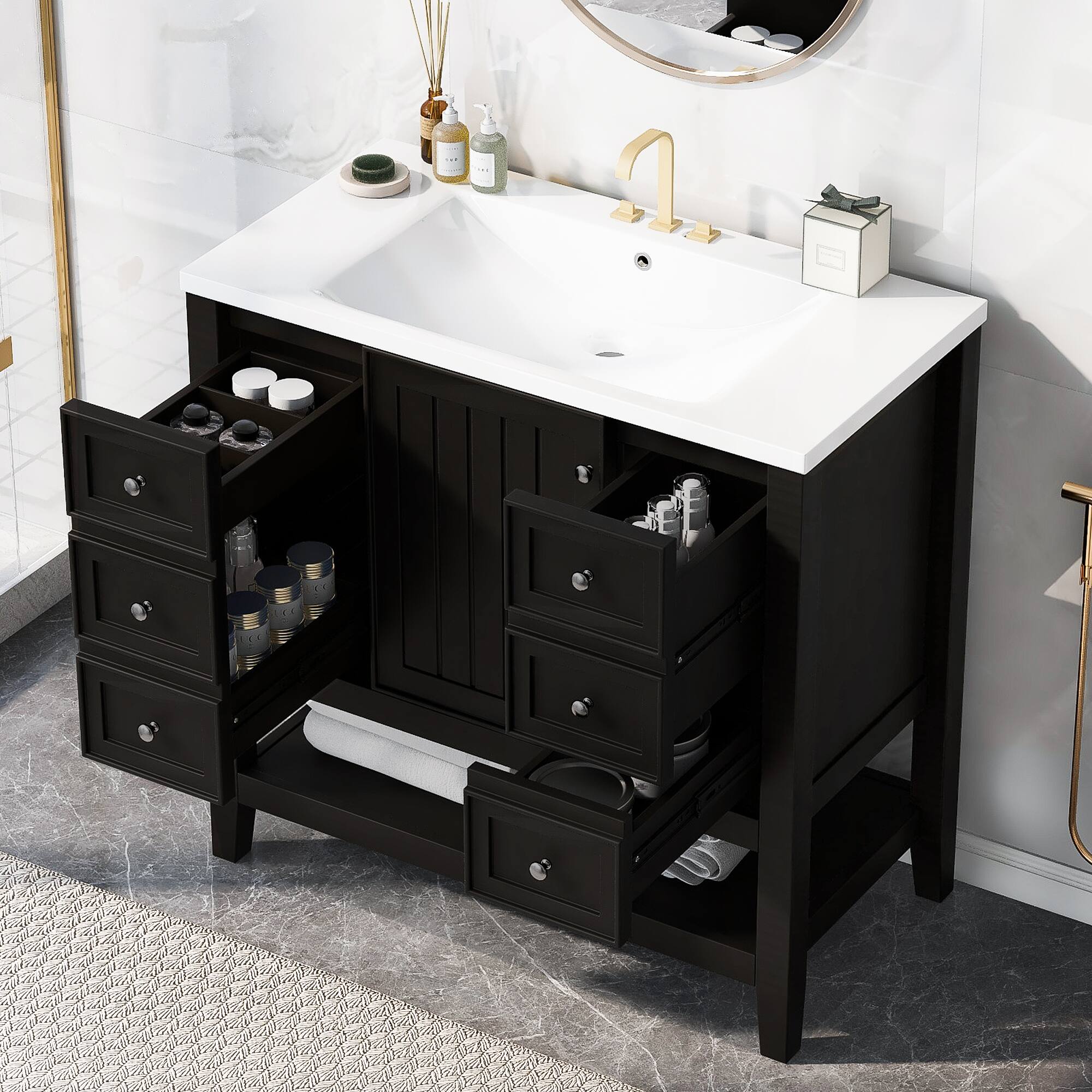 Front. Tiramisubest - 36" Bathroom Vanity with Sink Combo, One Cabinet and Three Drawers, Solid Wood and MDF Board, Black - Black.