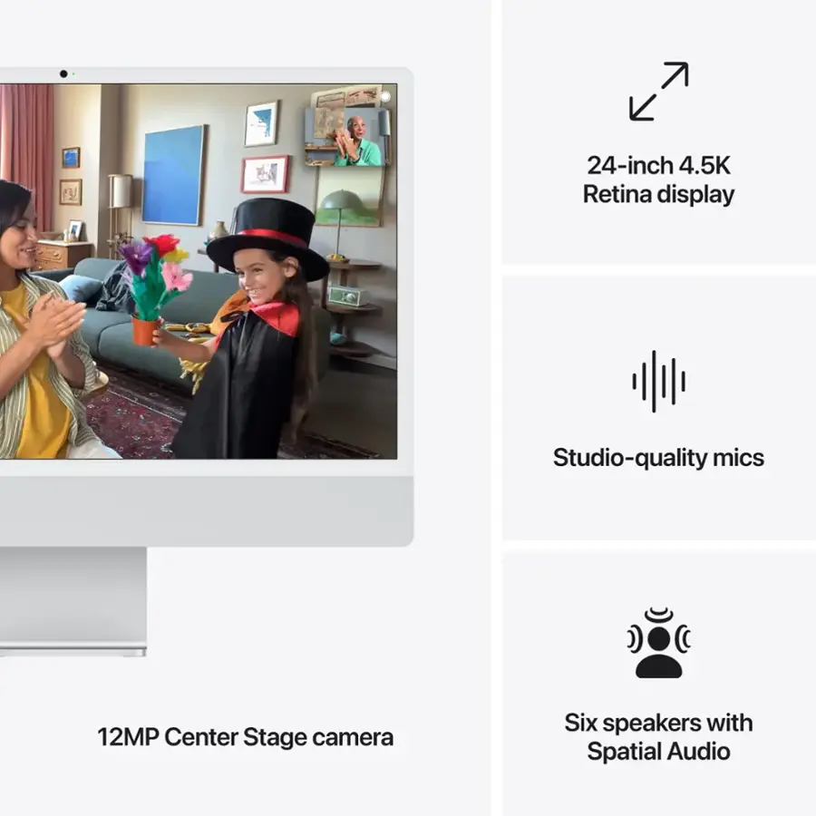 The text on the image can be grouped as follows:

1. Display: 24-inch 4.5K Retina display
2. Audio: Studio-quality mics, Six speakers with Spatial Audio
3. Camera: 12MP Center Stage camera

The text is correct, and the grouped text is as follows:

1. Display: 24-inch 4.5K Retina display
2. Audio: Studio-quality mics, Six speakers with Spatial Audio
3. Camera: 12MP Center Stage camera