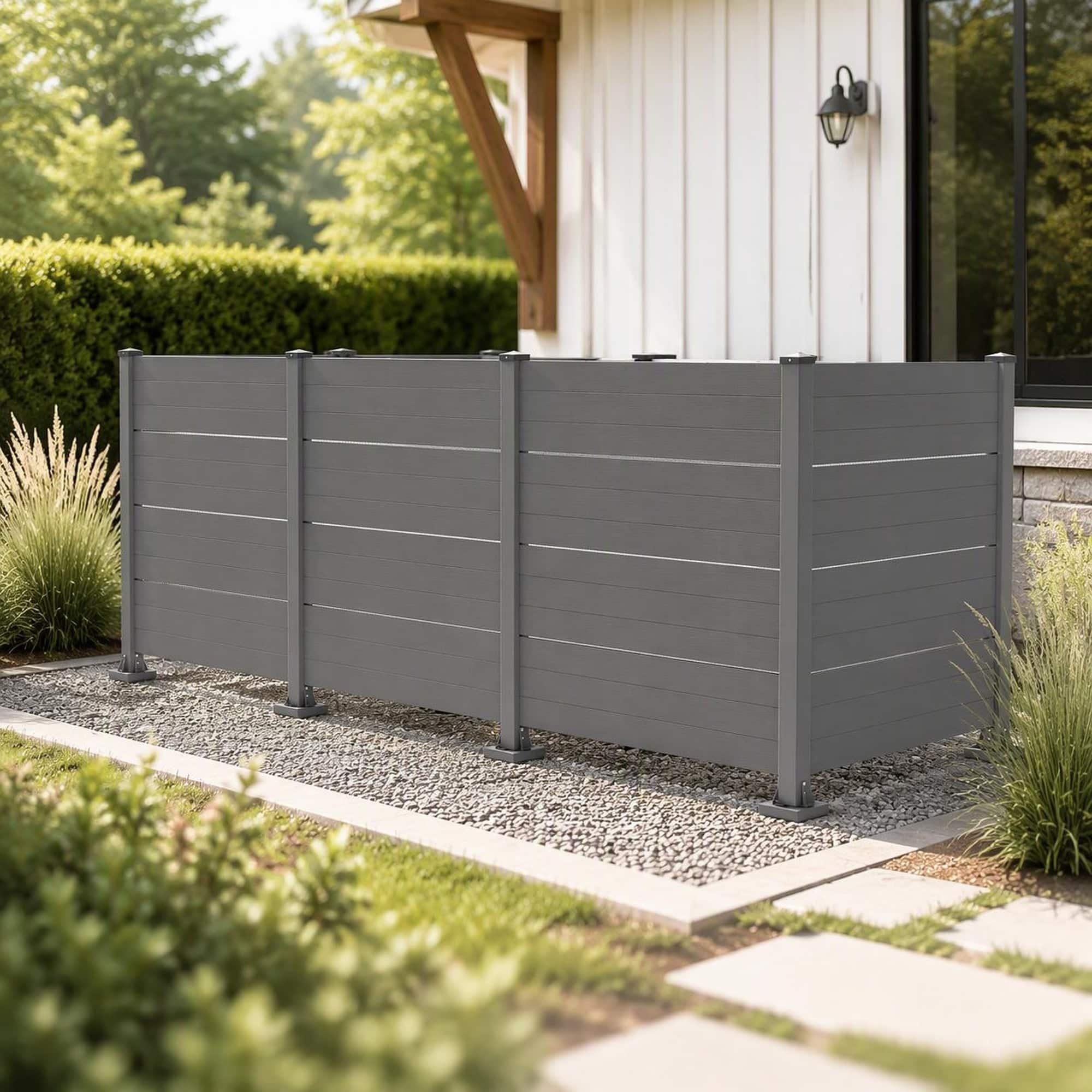 Front. RYHNUYNE - All-Weather Vinyl Outdoor Privacy Screen Set with Aluminum Posts for Air Conditioner or Trash Can Enclosure, 4 - DARK GREY.