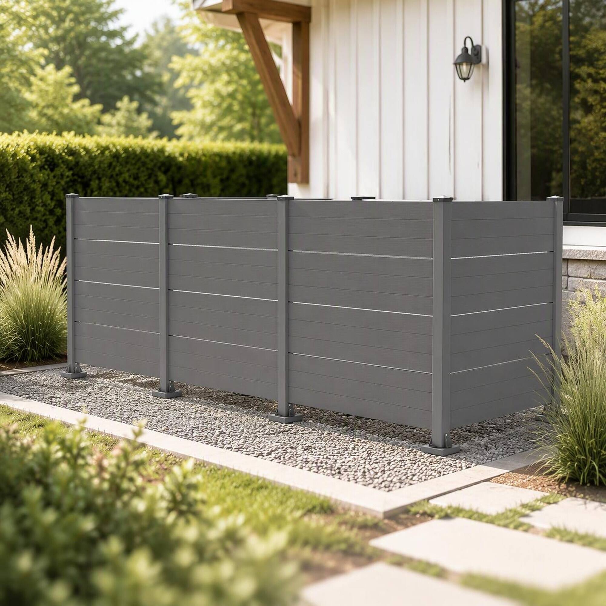 Front. RYHNUYNE - All-Weather Vinyl Outdoor Privacy Screen Set with Aluminum Posts for Air Conditioner or Trash Can Enclosure, 4 - DARK GREY.