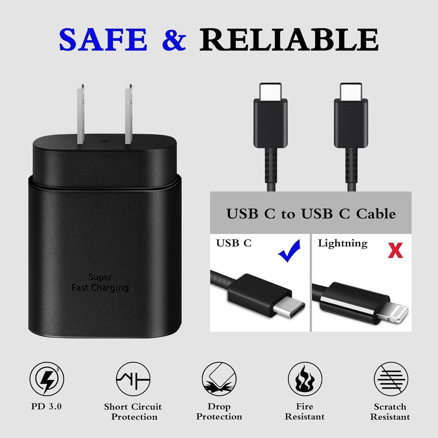 SAFE & RELIABLE
USB C to USB C Cable
Super Fast Charging
4 PD 3.0
Short Circuit Protection
Drop Protection
Fire Resistant
Scratch Resistant
USB C
Lightning X