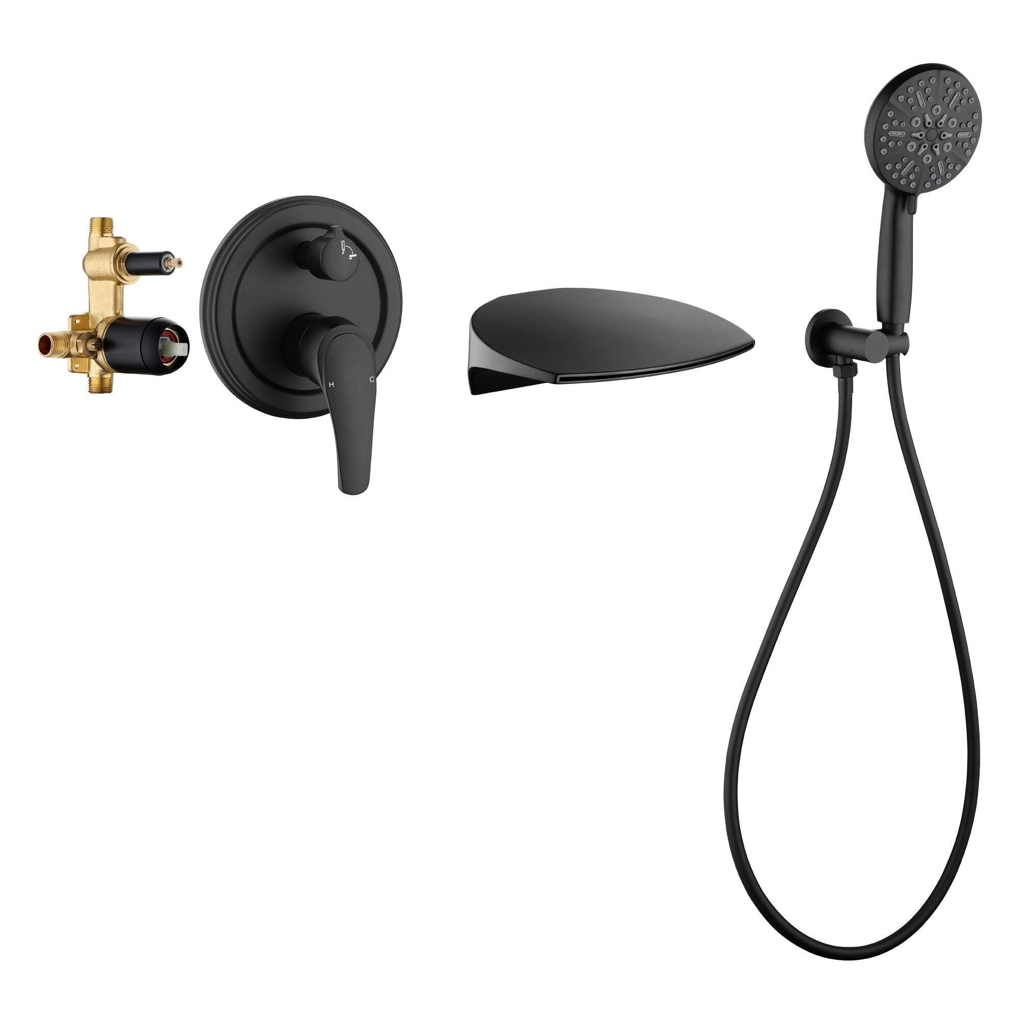 Left. Boyel Living - Wall Mount Single Handle 7 Spray Tub and Shower Faucet with Handheld Shower in Matte Black Valve Included - Matte Black.