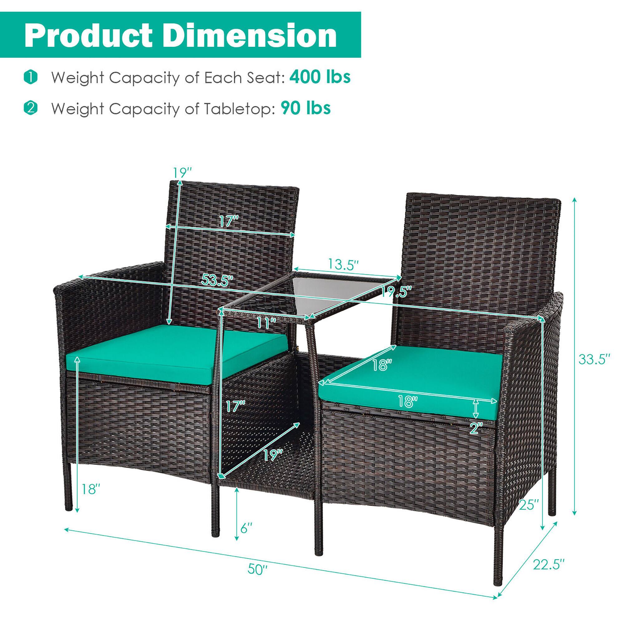 Product Dimension
1. Weight Capacity of Each Seat: 400 lbs
2. Weight Capacity of Tabletop: 90 lbs
19" 17" 53.5" 13.5" 9.5" 11 18" 33.5" 17" 19 18" 2 18' 6" 25" 50" 22.5"