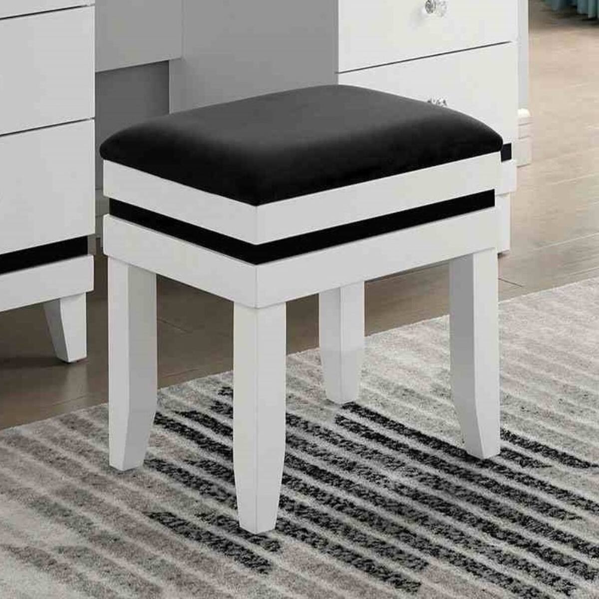 Alt View 2. Loheer - Loheer Makeup Vanity Set with Stool, Tri-Fold Mirror and Fourteen Bulbs, Black and White - Black and White.