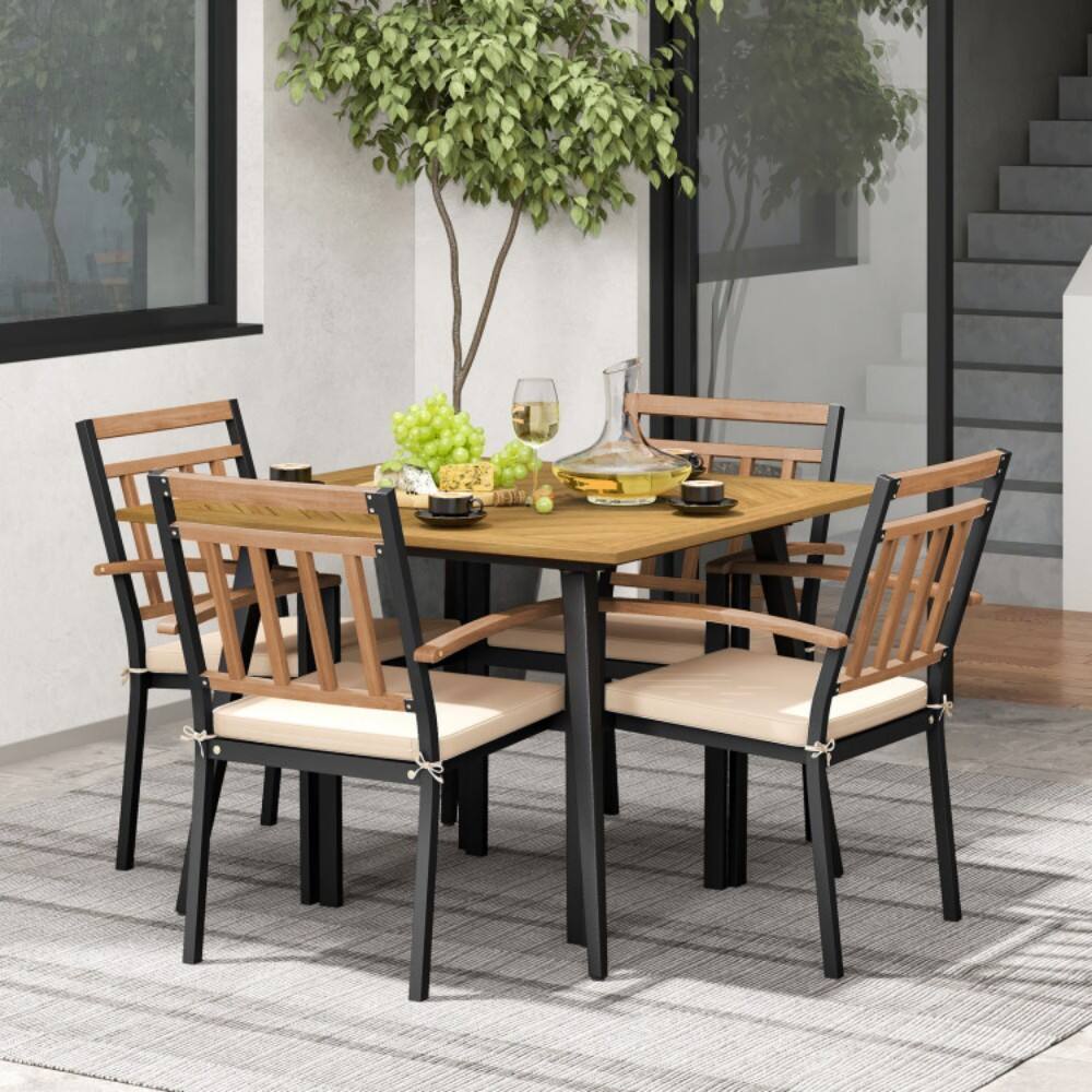 Alt View 1. Mondawe - 5 Pieces Patio Dining Set with Cushions and 1.9 inches Umbrella Hole - Natural and Black.