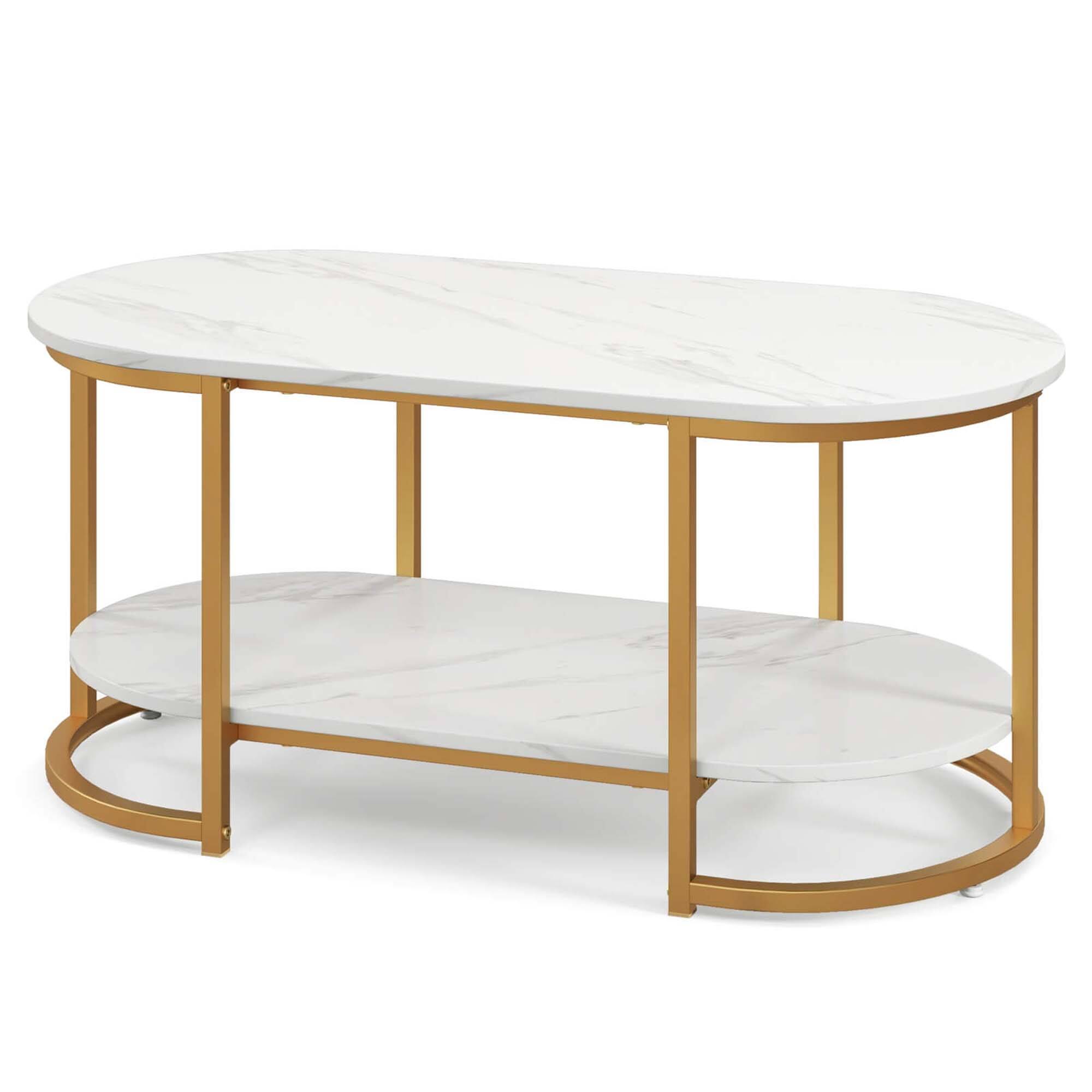 Alt View 17. Costway - White Marble Coffee Table  Modern 2-Tier Center Table with Open Storage Shelf - White and Gold.