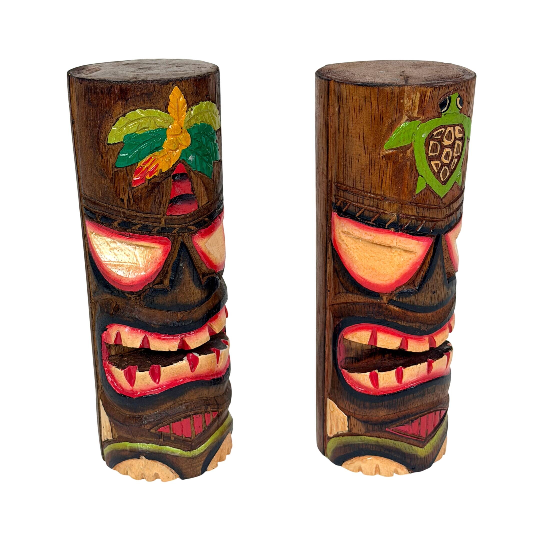 Alt View 1. Things2Die4 - Hand Carved Wood Tiki Totem Pole Statues Set of 2 8 Inch Tall Turtle Palm Decor - Brown.