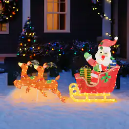 BreeBe - Christmas Sleigh with Reindeer and Santa LED Lit Lawn Décor - Brown