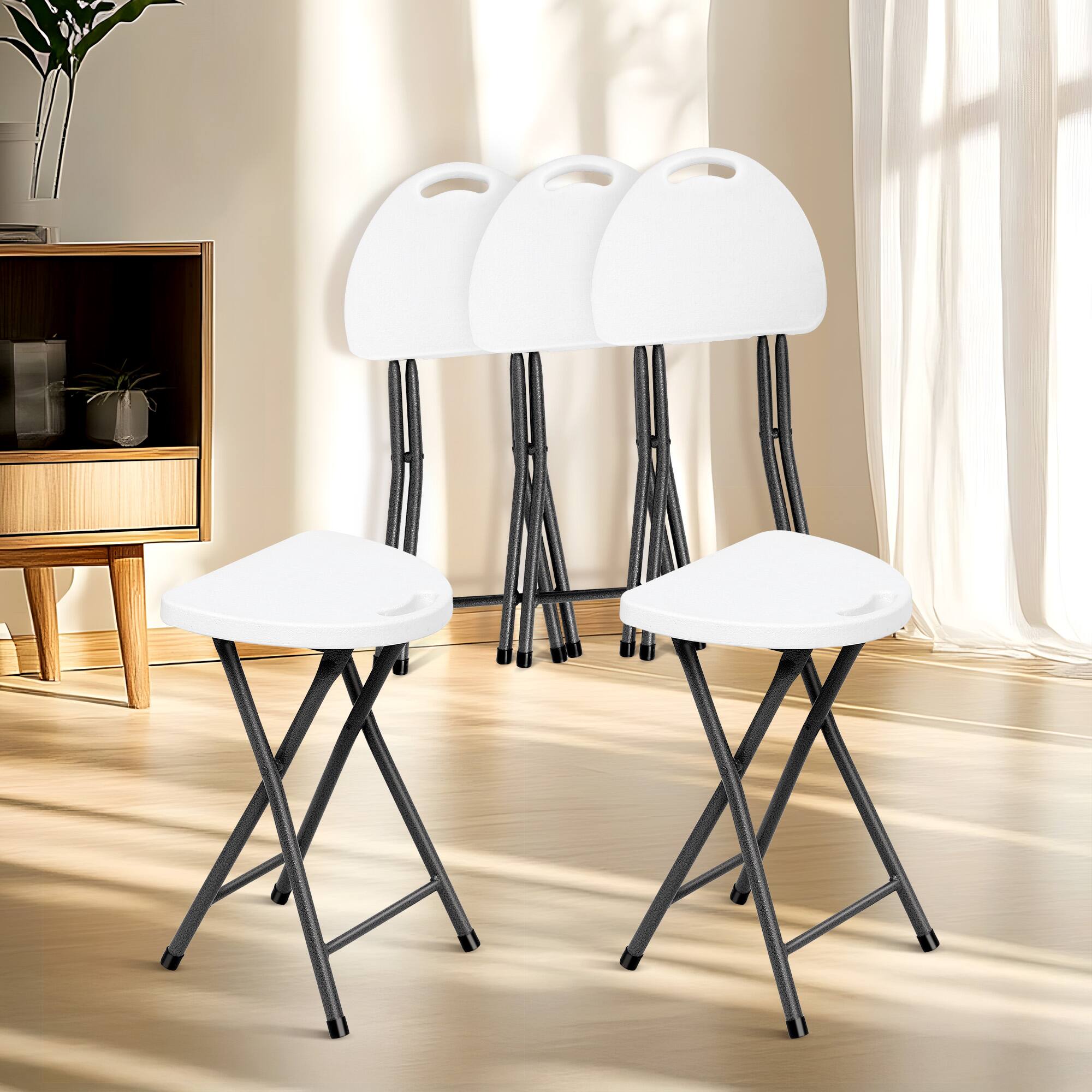 Alt View 2. SKONYON - Set of 4 Portable Folding Round Stool Chair with Handle 500lb Capacity - White + Gray.