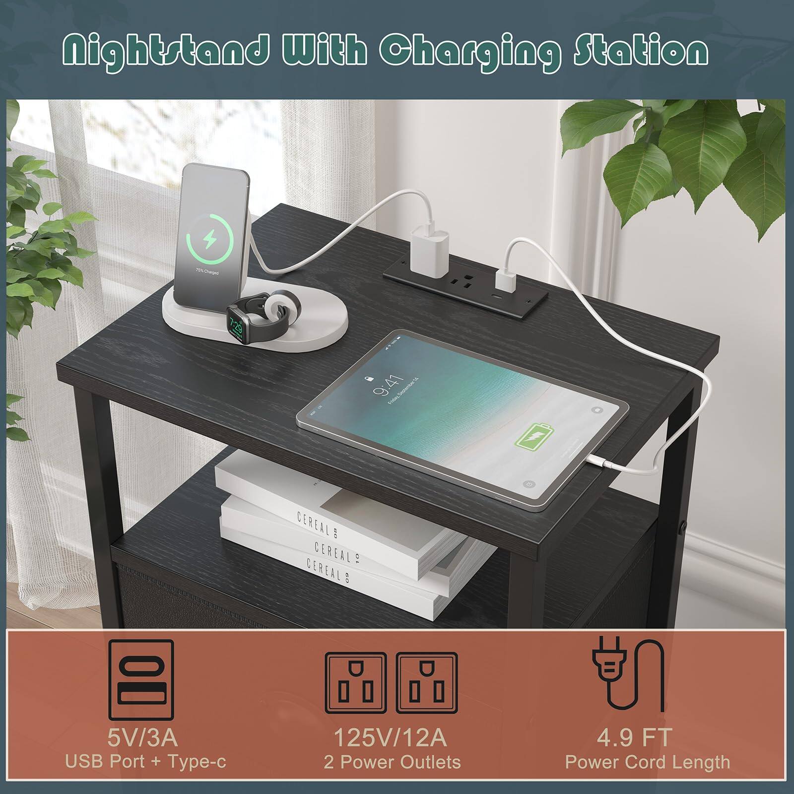 Nightstand With Charging Station

- 5V/3A USB Port + Type-c
- 125V/12A 2 Power Outlets
- 4.9 FT Power Cord Length