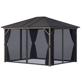Outsunny - 10' x 12' Hardtop Gazebo with Curtains and Netting, Permanent Pavilion Metal Single Roof Gazebo Canopy - Dark Gray